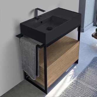 Console Bathroom Vanity Modern Powder Room Console Vanity with Natural Brown Oak Cabinet, Black Ceramic Sink, 35 Inch, Free Standing Scarabeo 5115-49-SOL1-89